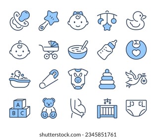 Iconos de contorno de trazo editable azul para el cuidado del bebé, aislados en ilustración vectorial plana de fondo blanco. Pixel perfecto. 64 x 64.	