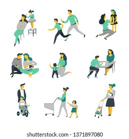 Baby care bringing up child parents and kids isolated characters vector mother and father daughter and son newborn playing and doing sport dressing up and doing homework walk and shopping parenthood