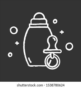 Baby care chalk icon. Products for infants, newborn. Feeding and accessories. Pacifier, soother and baby bottle. E commerce department, shopping categories. Isolated vector chalkboard illustration
