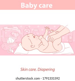 Baby Care. Changing Diaper. Skin Care For Newborn. Cute Little Baby Boy Or Girl Lay On Blanket, Mother's Hands Change Diaper. Products For Baby Body Care. Color Vector Illustration.