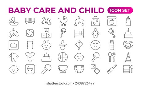 Baby care and Child icon set. care, International Children's Day, kid and parenthood. Outline icon collection. Included icons as newborn, infant, kid, children, and parent. Outline icon collection.