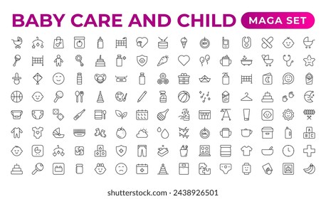 Baby care and Child icon set. care, International Children's Day, kid and parenthood. Outline icon collection. Included icons as newborn, infant, kid, children, and parent. Outline icon collection.