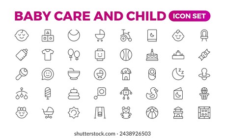 Baby care and Child icon set. care, International Children's Day, kid and parenthood. Outline icon collection. Included icons as newborn, infant, kid, children, and parent. Outline icon collection.