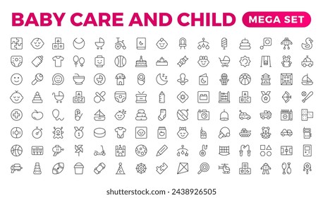 Baby care and Child icon set. care, International Children's Day, kid and parenthood. Outline icon collection. Included icons as newborn, infant, kid, children, and parent. Outline icon collection.