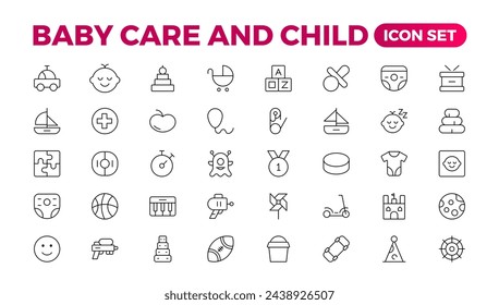 Baby care and Child icon set. care, International Children's Day, kid and parenthood. Outline icon collection. Included icons as newborn, infant, kid, children, and parent. Outline icon collection.