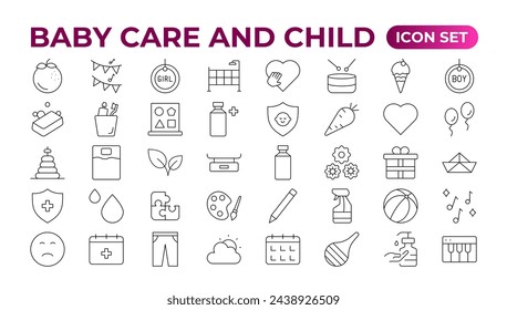 Baby care and Child icon set. care, International Children's Day, kid and parenthood. Outline icon collection. Included icons as newborn, infant, kid, children, and parent. Outline icon collection.