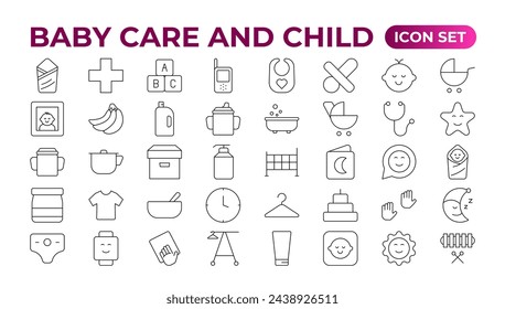 Baby care and Child icon set. care, International Children's Day, kid and parenthood. Outline icon collection. Included icons as newborn, infant, kid, children, and parent. Outline icon collection.