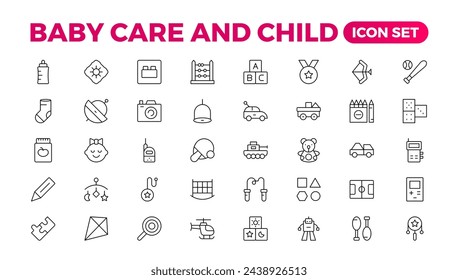 Baby care and Child icon set. care, International Children's Day, kid and parenthood. Outline icon collection. Included icons as newborn, infant, kid, children, and parent. Outline icon collection.