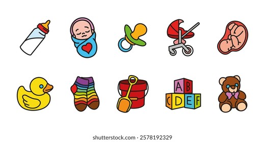 Baby care colorful icon set. Childhood and pregnancy colored vector illustration collection. Newborn children symbol. Baby pacifier, milk bottle, baby carriage and toys pictogram. Child care concept.