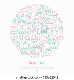 Concepto de cuidado del bebé en círculo con iconos de línea delgada: recién nacido, pañal, pacificador, cuna, huellas, bañera con burbujas. Ilustración vectorial para banner, página web, medios impresos.