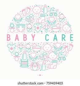 Baby care concept in circle with thin line icons: newborn, diaper, pacifier, crib, footprints, bathtub with bubbles. Vector illustration for banner, web page, print media.