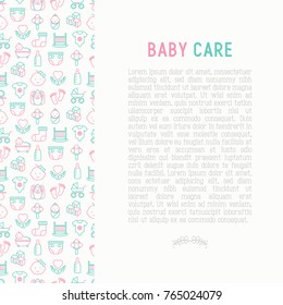 Baby care concept with thin line icons: newborn, diaper, pacifier, crib, footprints, bathtub with bubbles. Vector illustration for banner, web page, print media.