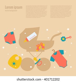 Baby care concept with toy elements. Baby icons:   rattle, bib, nipple, duck, cloth. Baby care  poster vector illustration. Colorful baby care concept in flat style. Newborn baby care concept 