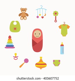 Baby care concept with toy elements. Baby icons:   rattle, bib, nipple, duck, cloth. Baby care  poster vector illustration. Colorful baby care concept in flat style. Newborn baby care concept 