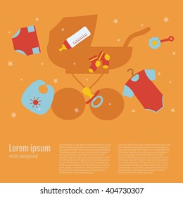 Baby care concept with toy elements. Baby icons:   rattle, bib, nipple, duck, cloth. Baby care  poster vector illustration. Colorful baby care concept in flat style. Newborn baby care concept 