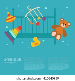 Baby care concept with toy elements. Baby icons:   rattle, bib, nipple, duck, cloth. Baby care  poster vector illustration. Colorful baby care concept in flat style. Newborn baby care concept 