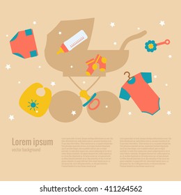 Baby care concept with toy elements. Baby icons:   rattle, bib, nipple, duck, cloth. Baby care  poster vector illustration. Colorful baby care concept in flat style. Newborn baby care concept 