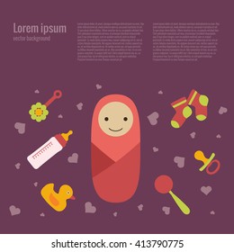 Baby care concept with toy elements. Baby icons:   rattle, bib, nipple, duck, cloth. Baby care  poster vector illustration. Colorful baby care concept in flat style. Newborn baby care concept 
