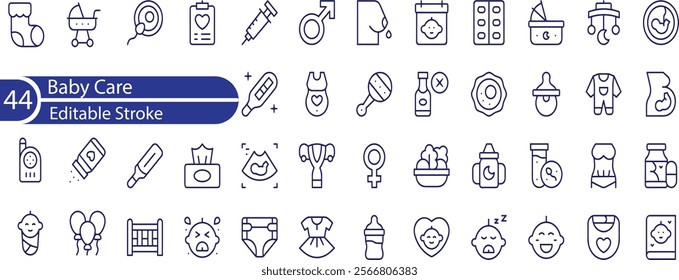 Baby care editable stroke outline icons set isolated on white background flat vector illustration.