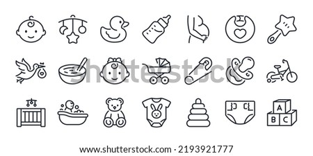 Baby care editable stroke outline icons set isolated on white background flat vector illustration. Pixel perfect. 64 x 64.