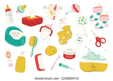 Baby care element flat icons set. Equipments for bath and sleeping. Baby brush and comb set, toothbrush, washcloth. Gently grooms. Pacifier, rattle, baby milk bottle. Color isolated illustrations