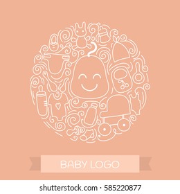 Baby care elements in circle design. Vector Baby logo concept with items for child - pacifier, stroller, clothing, bottle and other . Isolated on white background.