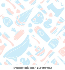 Baby care elements seamless pattern. Flat style vector illustration. Baby hygiene accessories. Suitable for wallpaper, wrapping or textile