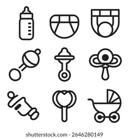 Baby Care Essentials Icons Set Bottle, Fralda, Pacificador, Rattle, Lollipop, carrinho de bebê. Arte de Linha Simples