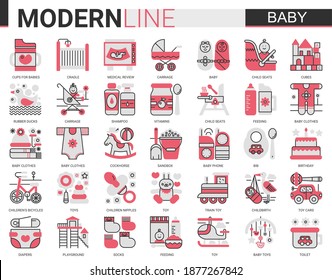 Baby care flat line complex web icon vector illustration set. Red black design newborn infant child, baby accessories, clothes, toys. Maternity and childhood collection.