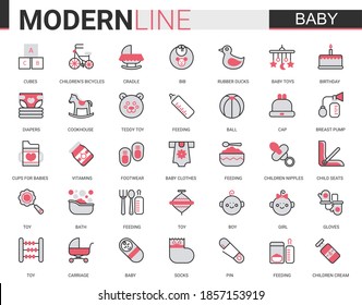 Baby care flat line web icon vector illustration set. Red black design of items symbol for newborn infant child, baby accessories, clothes, toys. Maternity and childhood outline collection