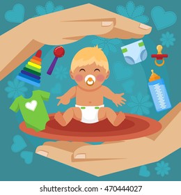 Baby care flat style vector illustration, hands holding baby with pacifier, toys, pyramid, beanbag, clothing, diaper, bottle, on blue background, for posters and covers