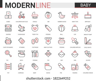 Baby Care Flat Web Icon Vector Illustration Set. Red Black Thin Line Design Of Items Symbol For Newborn Infant Child, Baby Accessories, Clothes And Toys. Maternity And Childhood Outline Collection