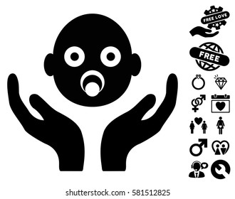 Baby Care Hands icon with bonus passion clip art. Vector illustration style is flat iconic black symbols on white background.