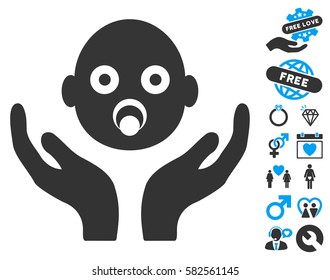 Baby Care Hands icon with bonus dating clip art. Vector illustration style is flat iconic blue and gray symbols on white background.