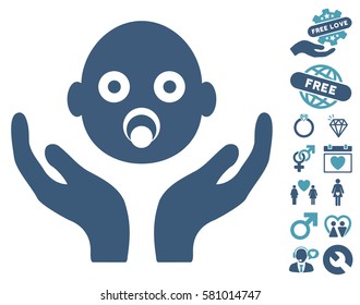Baby Care Hands pictograph with bonus valentine pictograph collection. Vector illustration style is flat iconic cyan and blue symbols on white background.