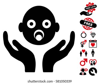 Baby Care Hands pictograph with bonus romantic graphic icons. Vector illustration style is flat iconic intensive red and black symbols on white background.