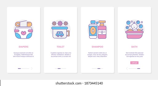 Baby care hygiene nursing items vector illustration. UX, UI onboarding mobile app page screen set with line potty, infant baby nappy diaper for skincare, bath shampoo, nursery supplies products
