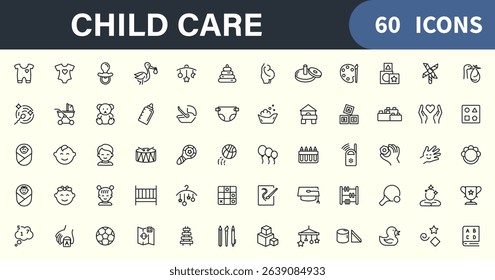 Baby Care icon set. Child care icon set. Toys, gifts, newborn girl or boy, swing, child chair, ball, diaper, changing table, bike, lolipop and bottle. Caring for the newborn. Vector