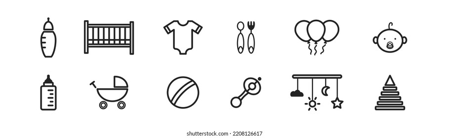 Baby care icon set. childhood, newborn, family etc. concept. Baby toys signs. Vector illustration. 