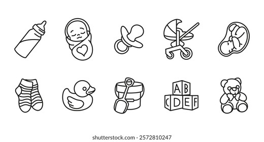 Baby care icon set. Childhood and pregnancy vector illustration collection. Newborn children care symbol. Baby pacifier, milk bottle, baby carriage and toys pictogram. Childbirth and parenthood.