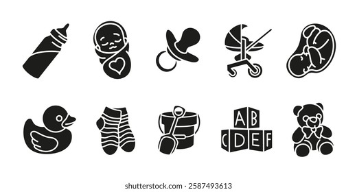 Baby care icon set. Infant and newborn symbol. Child care vector illustration. Stroller, pacifier, bottle and toy pictogram. Motherhood and parenting concept.