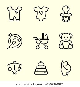 Baby care icon set. Baby or newborn items. Baby clothes, pacifier, toys, stroller, teddy bear, pregnant belly. Parenthood items. Vector