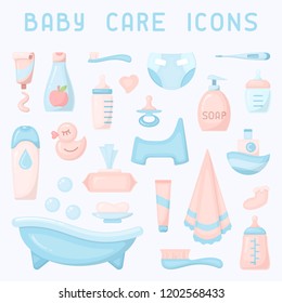 Baby care icons collection. Flat style vector illustration. Baby hygiene accessories.