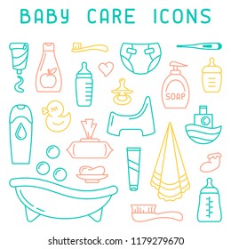 Baby care icons collection. Linear style vector illustration. Baby hygiene accessories.