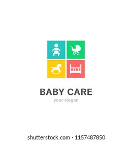 baby care icons flat style logo Design with baby, buggy, horse toy, crib icons. Trendy, creative, corporative logotype template concept.