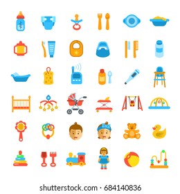 Baby care icons. Flat vector illustrations. Simple pictograms of newborn baby hygiene, food, healthcare, growth and playing. Accessories and toys for happy kid and mother