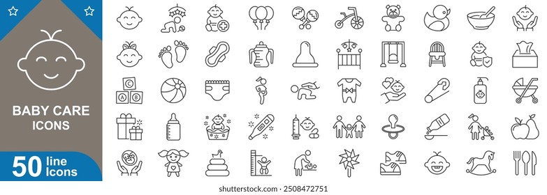 Baby care icons set. Change, pacifier, stroller, clothes, bath, cradle, boy, rattle, chair, wipes, monitor and more. vector illustrator.