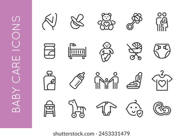 Baby care icons set. A collection of 20 minimal vector icons representing essential items for baby care, including toys, clothing, equipment. Ideal for family resources. Vector illustration