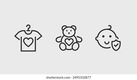 Baby care icons set. A collection of 20 minimal vector icons representing essential items for baby care, including toys, clothing, equipment. Ideal for family resources. Vector illustration