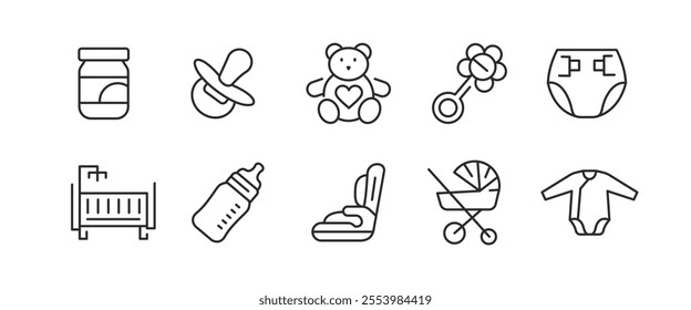 Baby care icons set. A collection of 10 minimal vector icons representing essential items for baby care, including toys, clothing, equipment. Ideal for family resources. Vector illustration